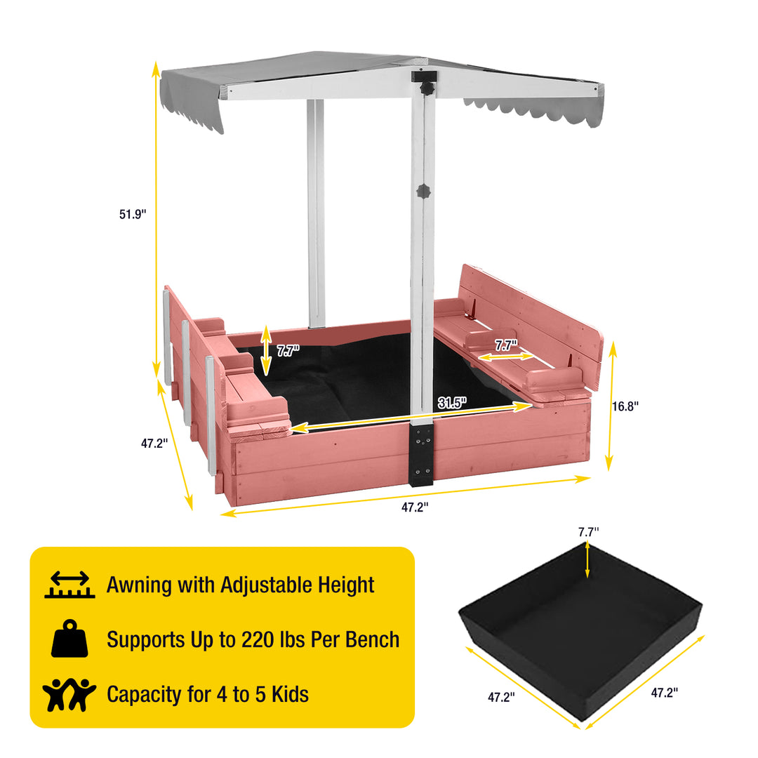 MEDEHOO 47'' Outdoor Sandbox for Kids with Lid and Bench, Wooden Sand Play Toys Center with Adjustable Canopy