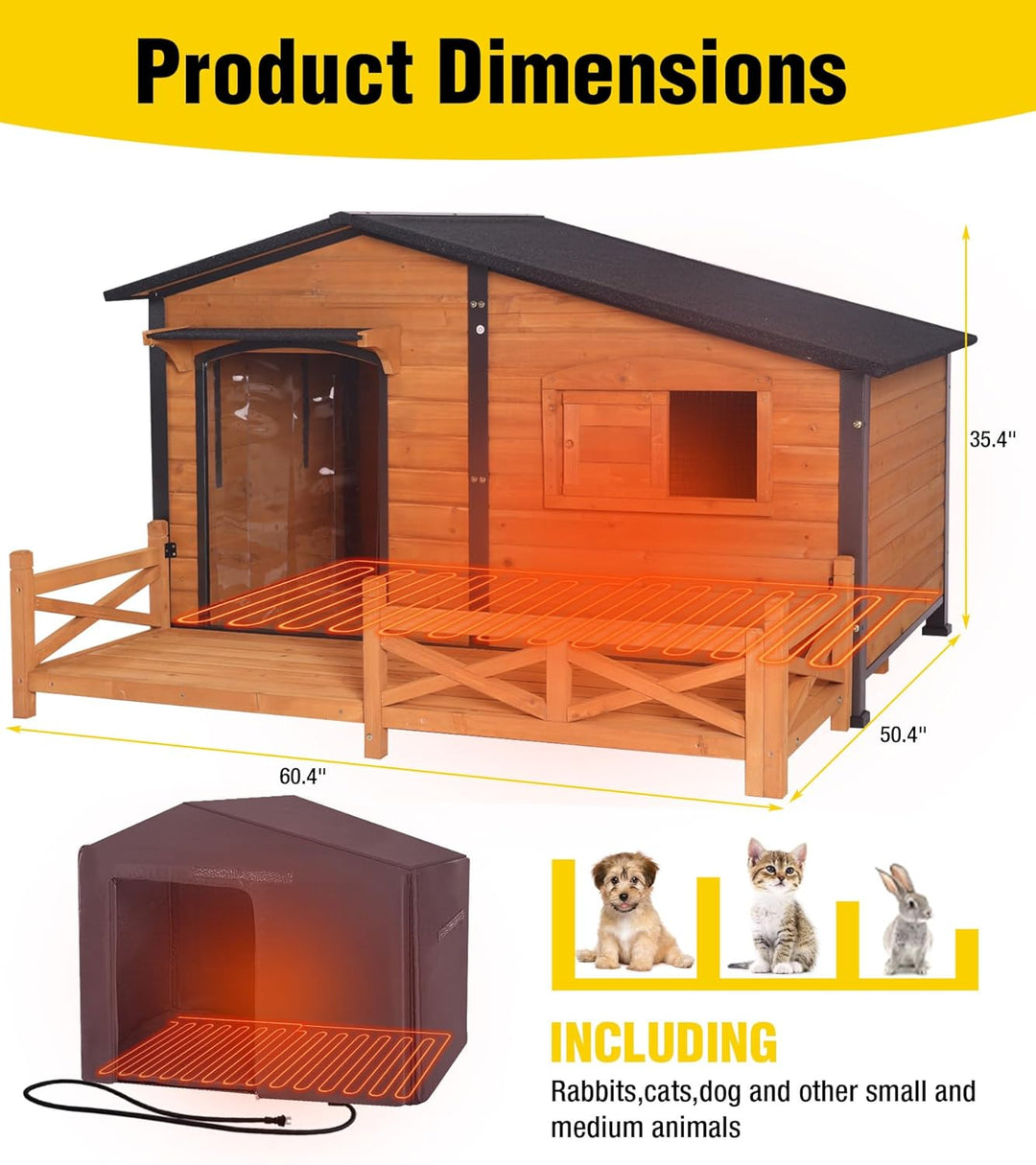 MEDEHOO AIR7024-IN-HP Heated Dog House Outdoor Dog Kennel with Safe Heated Pad, Chew-Proof Metal Frame and Rotating Food Bowl for Small to Medium Dogs, 44.6" L x 41.1" W x 32.9“H