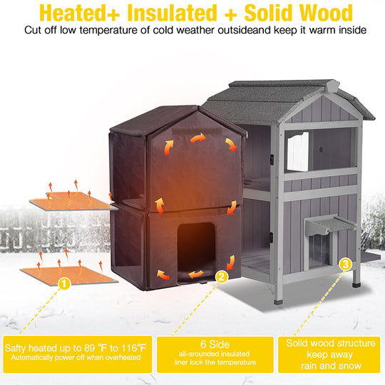 Aivituvin-AIR94-IN-HP 2-Story Heated Cat House with Liner | Weatherproof Cat Shelter