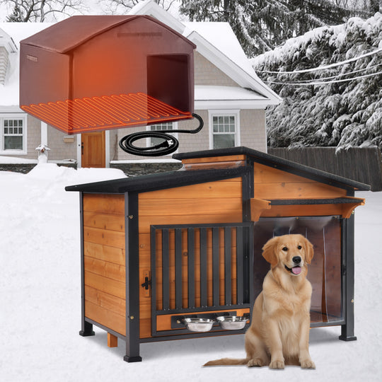 MEDEHOO AIR7021-HP Heated Dog House with Heating Pad & Anti-Chewing Metal Frame, Insulated Wooden Dog Kennel with Unique Design Roof, Weatherproof Dog House for Indoor & Outdoor Use