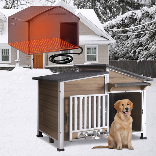 MEDEHOO AIR7021-HP Heated Dog House with Heating Pad & Anti-Chewing Metal Frame, Insulated Wooden Dog Kennel with Unique Design Roof, Weatherproof Dog House for Indoor & Outdoor Use