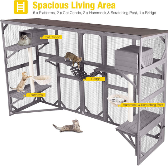 MEDEHOO Catio Outdoor Cat Enclosure Window Large Cat Patio 3 Tiers with 6 Platforms and 2 Scratching Posts for Cats House 104" L