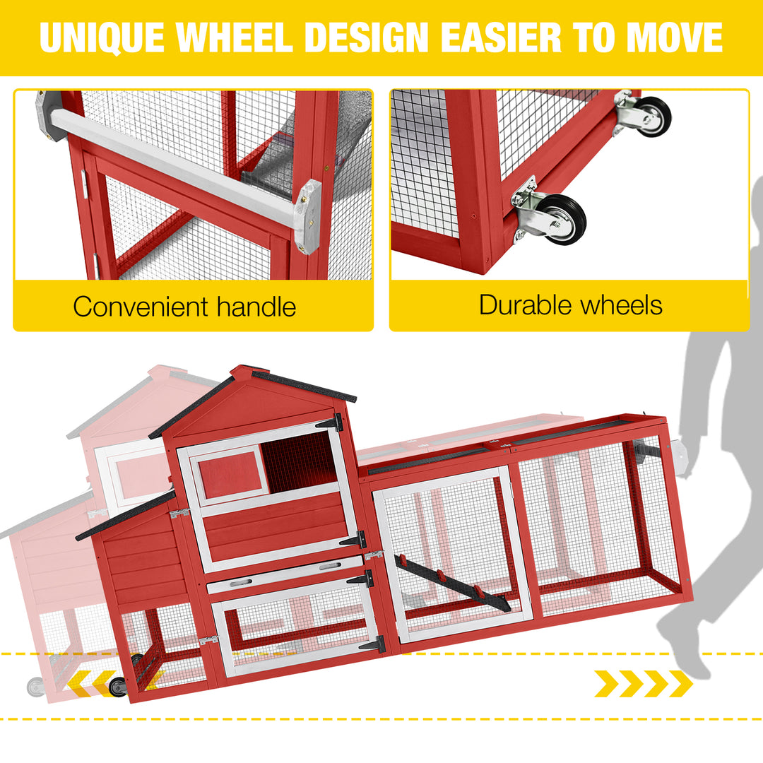 MORGETE Mobile Chicken Coop with Wheels, Wood Hen House for 2-3 Chickens Outdoor with Nesting Box Leakproof Pull-Out Tray and UV-Resistant Roof Panel, Red