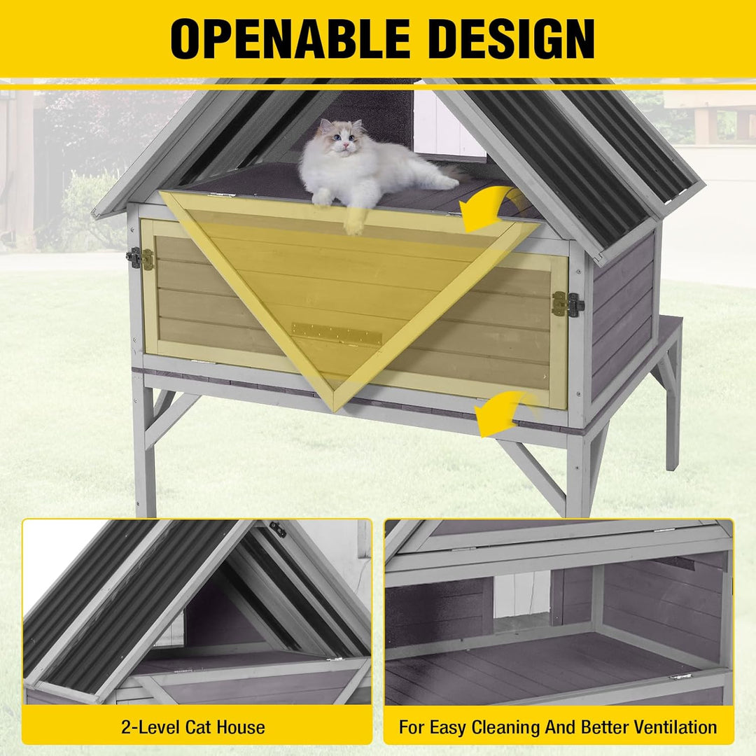 MEDEHOO AIR7034 Large Outdoor Cat House Weatherproof 2-Story Wooden Feral Cat Shelter Cat Condo for Winter with Waterproof Roof, Large Porch Balcony, Escape Doors
