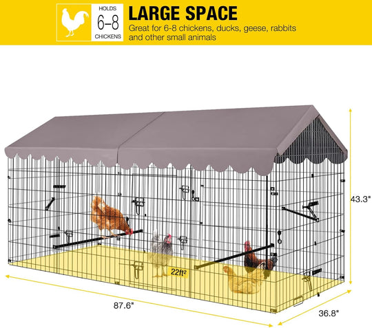 MEDEHOO Chicken Coop Super Large Metal Chicken Run with Waterproof Cover Portable Poultry Cage Exercise Pen for 6-8 Chickens Ducks 88"