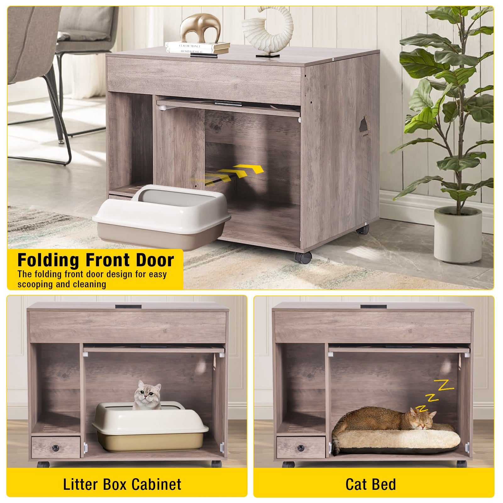 Wooden Cat Litter Box Enclosure, Side Table with Folding Door