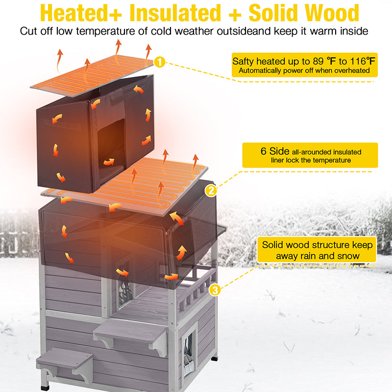 Aivituvin-AIR33-IN-HP 2-Story Outdoor Heated Cat House with Adjustable Heating Pad | Insulation Liner