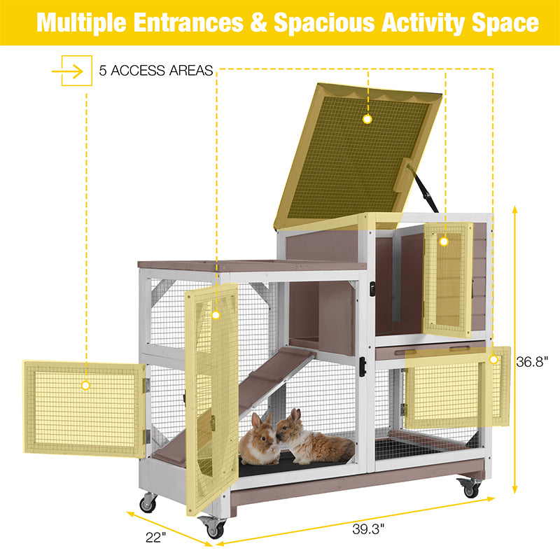 Aivituvin-AIR7013 Premium 2-Story Wooden Rabbit Hutch with Casters | Pull-Out Tray