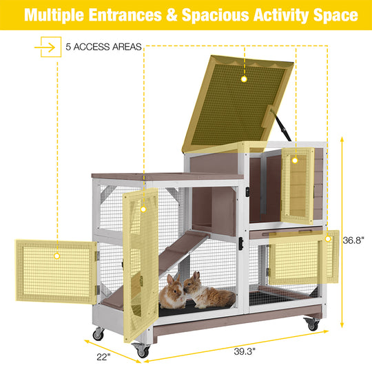 Aivituvin-AIR7013 Premium 2-Story Wooden Rabbit Hutch with Casters | Pull-Out Tray