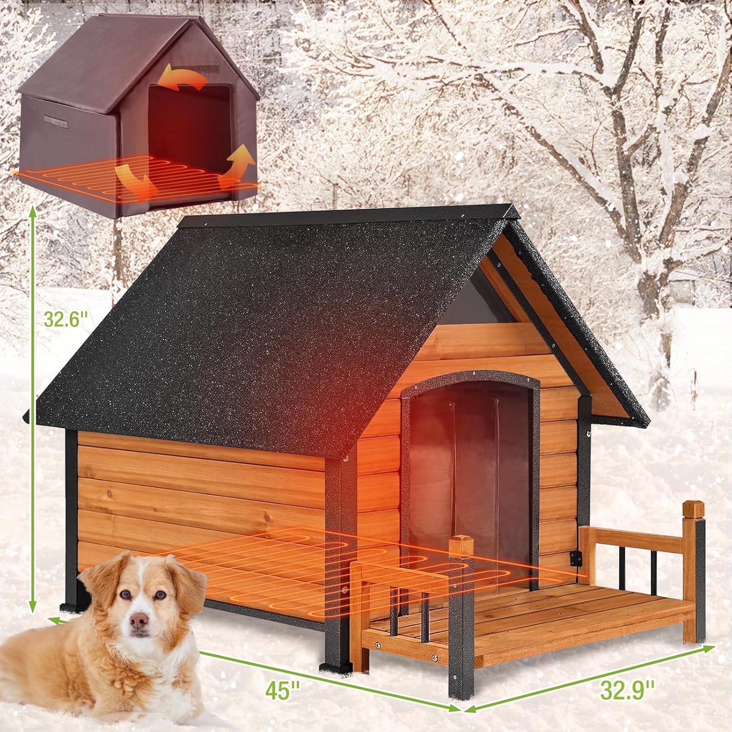 Large Heated Dog House with Heating Pad, Insulation & Iron Frame