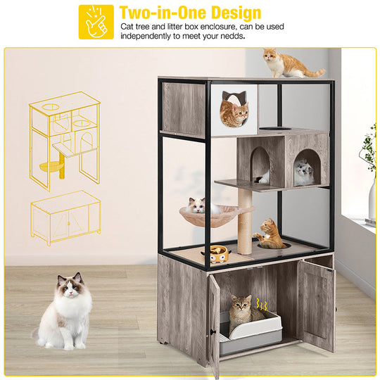 Aivituvin-AIR102 Wooden 3-Story Cat Condo with Litter Box Enclosure| Strong Iron Frame