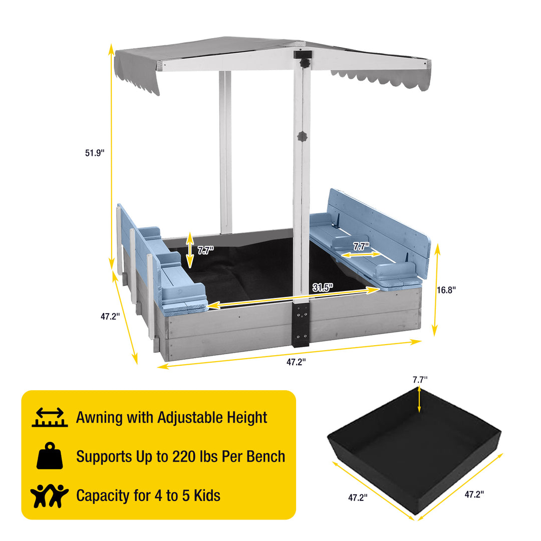 MEDEHOO 47'' Outdoor Sandbox for Kids with Lid and Bench, Wooden Sand Play Toys Center with Adjustable Canopy