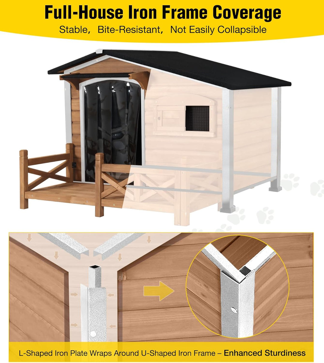 MEDEHOO AIR7024 Dog House Outdoor with Anti-Chewing Metal Frame, Wooden Dog Kennel with Sliding Window, Detachable Floor, Weatherproof Roof