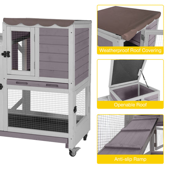 MORGETE Rabbit Cage Indoor Outdoor Bunny Hutch on Wheels, 2 Story Wood Guinea Pig Cages with 2 Deeper Pull Out Trays