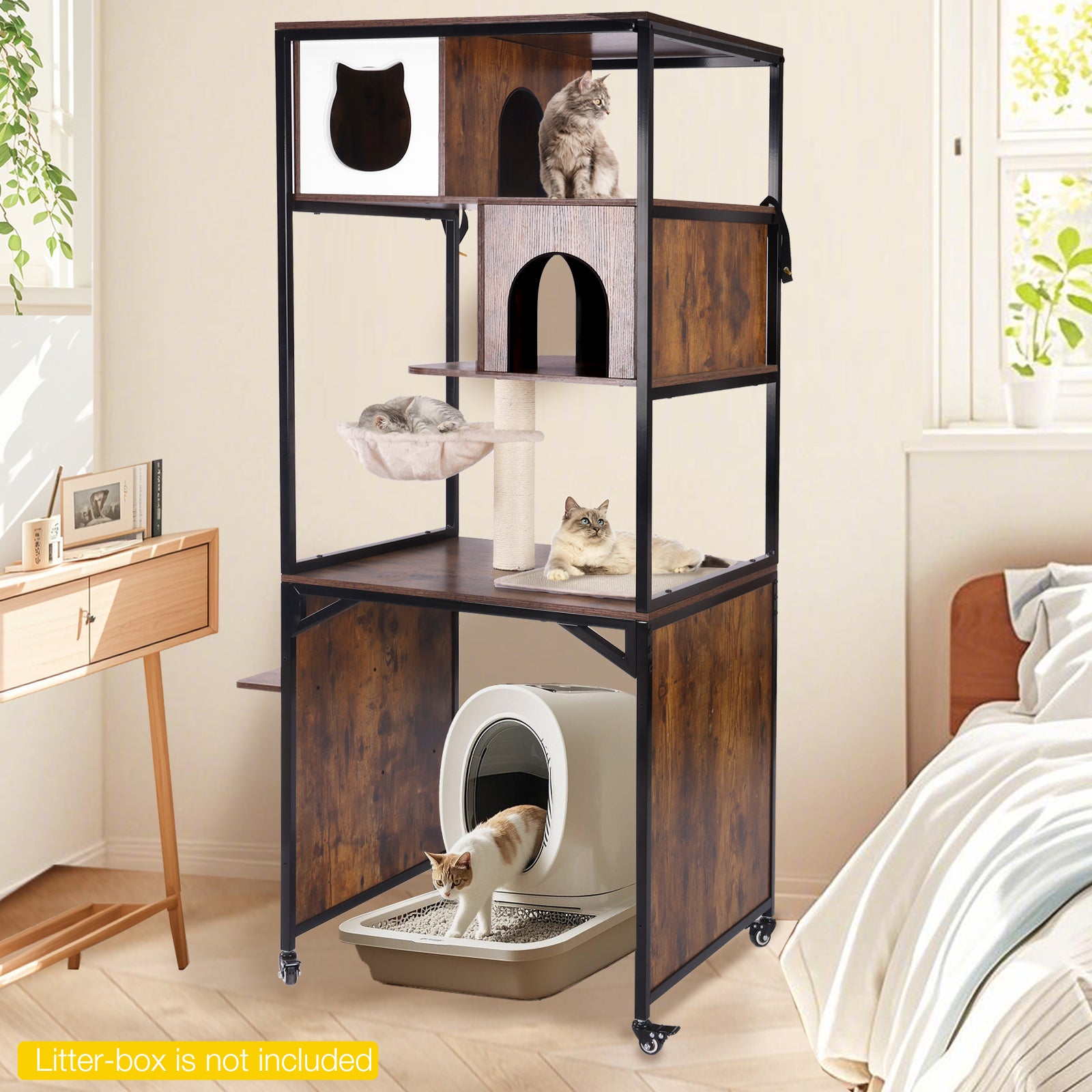 Wooden Cat Litter Box Enclosure with Hammock, Scratching Post