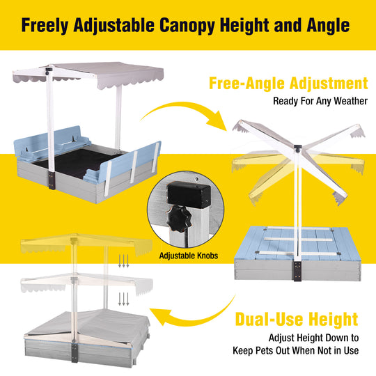 MEDEHOO 47'' Outdoor Sandbox for Kids with Lid and Bench, Wooden Sand Play Toys Center with Adjustable Canopy