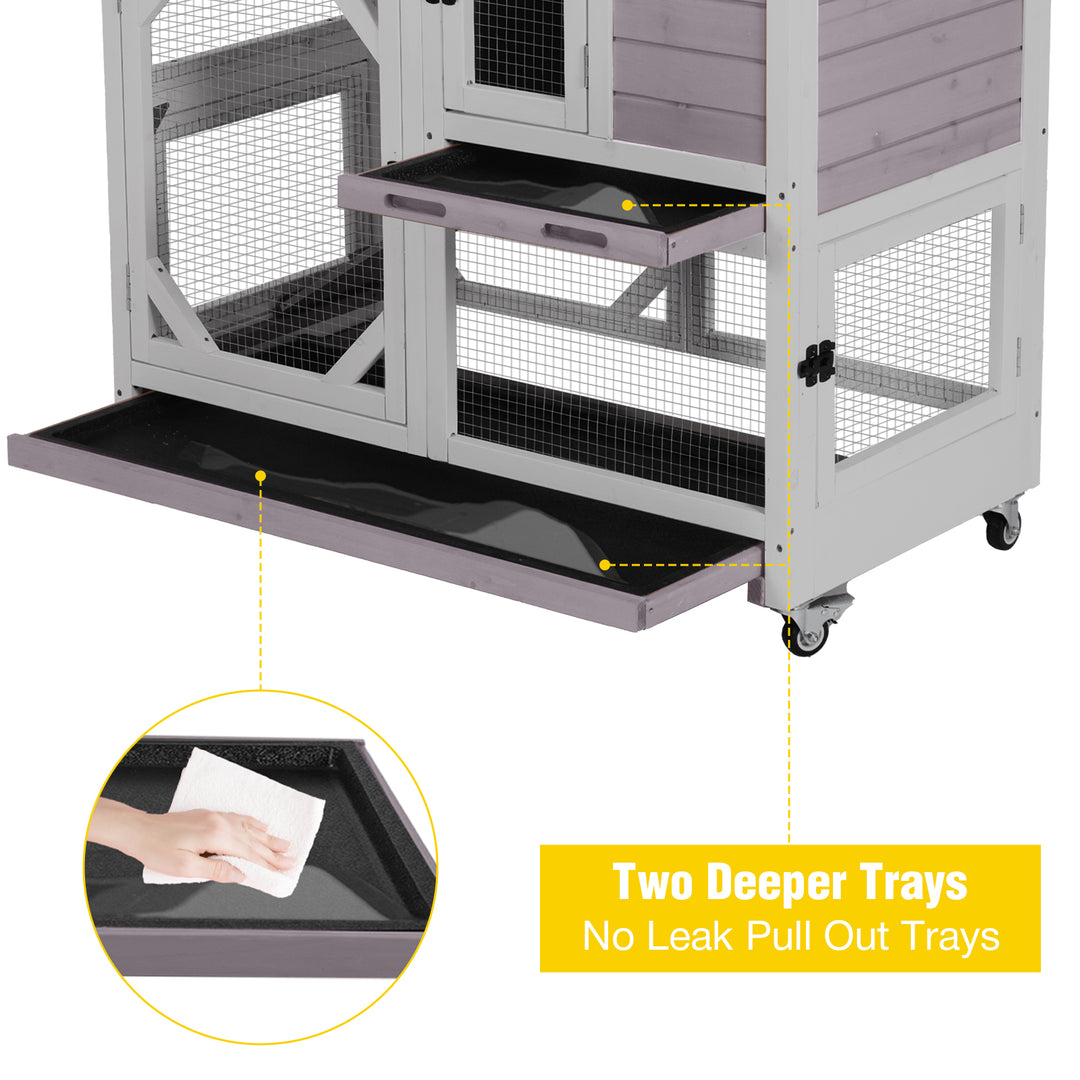 MORGETE Rabbit Cage Indoor Outdoor Bunny Hutch on Wheels, 2 Story Wood Guinea Pig Cages with 2 Deeper Pull Out Trays