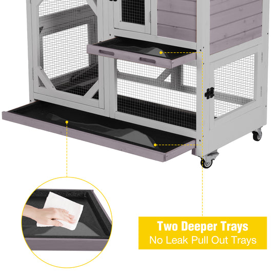 MORGETE Rabbit Cage Indoor Outdoor Bunny Hutch on Wheels, 2 Story Wood Guinea Pig Cages with 2 Deeper Pull Out Trays
