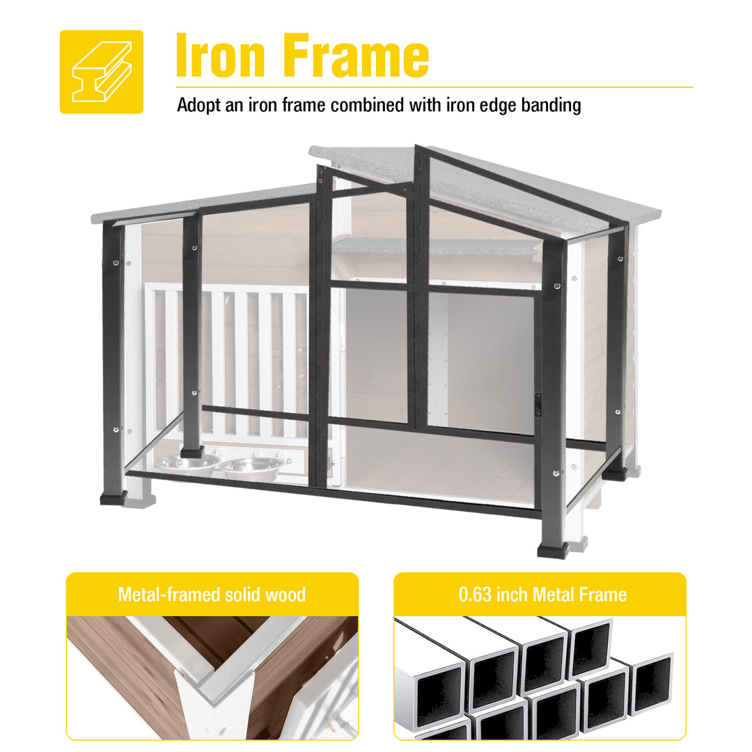 MEDEHOO AIR7021-HP Heated Dog House with Heating Pad & Anti-Chewing Metal Frame, Insulated Wooden Dog Kennel with Unique Design Roof, Weatherproof Dog House for Indoor & Outdoor Use
