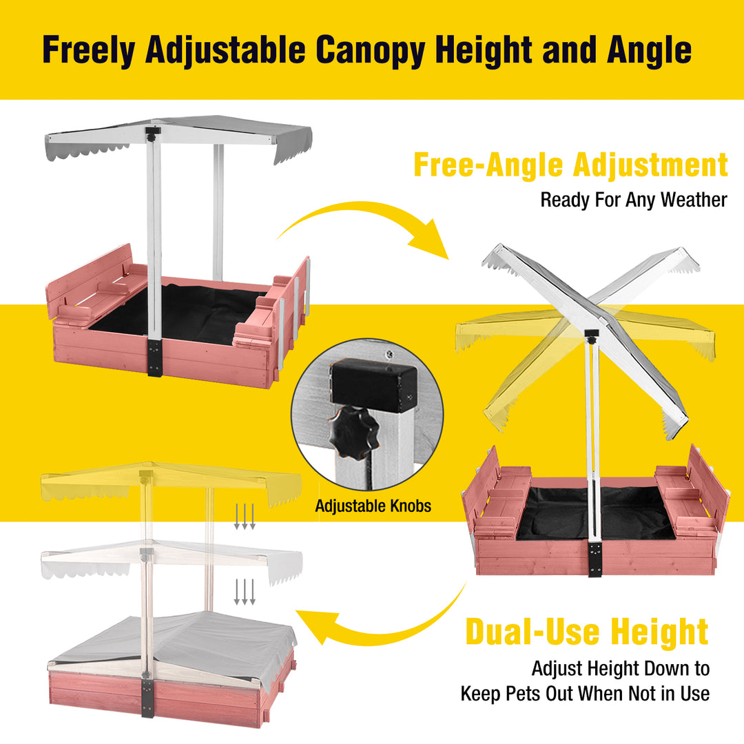 MEDEHOO 47'' Outdoor Sandbox for Kids with Lid and Bench, Wooden Sand Play Toys Center with Adjustable Canopy