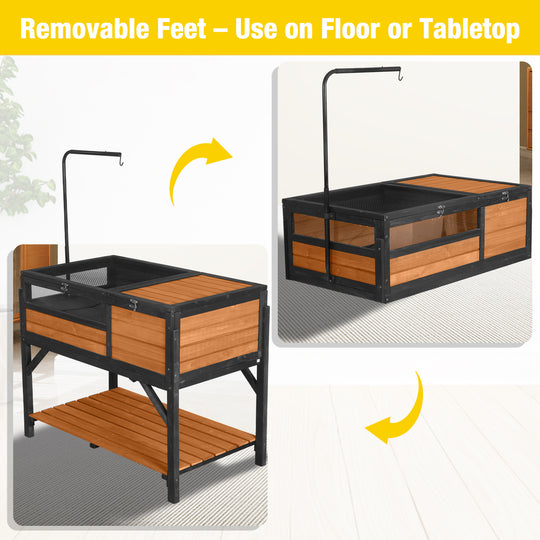 MEDEHOO Tortoise Habitat Turtle Enclosure, Wooden Reptile Cage for Small Animals, Adjustable Light Stand