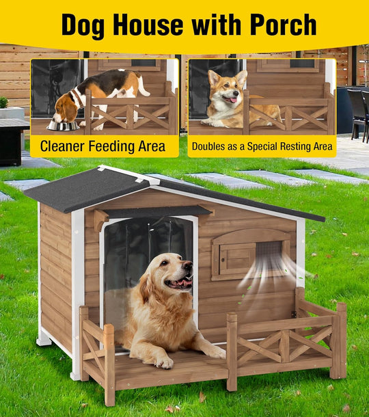 MEDEHOO AIR7024 Dog House Outdoor with Anti-Chewing Metal Frame, Wooden Dog Kennel with Sliding Window, Detachable Floor, Weatherproof Roof