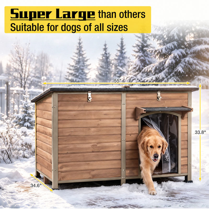 Aivituvin Extra Large Heated Dog House AIR63/64-IN-HP, 55"L/59.1"L Wooden Dog Shelter with Heating Pad