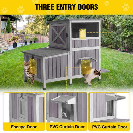 MEDEHOO AIR7033 Outdoor Cat House, Waterproof 2-Story Feral Cat Shelter for Outdoor and Indoor Use, Gray