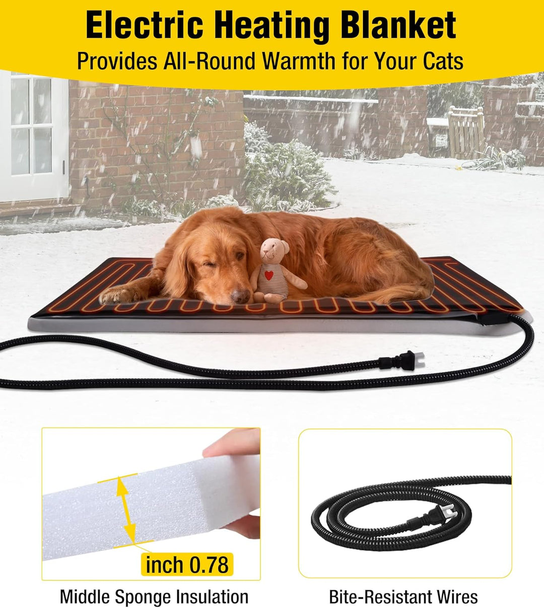 MEDEHOO AIR7024-IN-HP Heated Dog House Outdoor Dog Kennel with Safe Heated Pad, Chew-Proof Metal Frame and Rotating Food Bowl for Small to Medium Dogs, 44.6" L x 41.1" W x 32.9“H