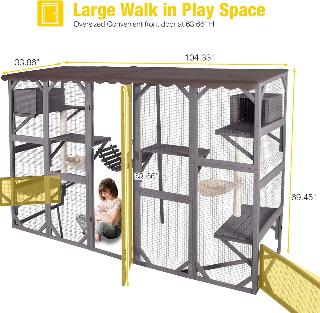 MEDEHOO Catio Outdoor Cat Enclosure Window Large Cat Patio 3 Tiers with 6 Platforms and 2 Scratching Posts for Cats House 104" L