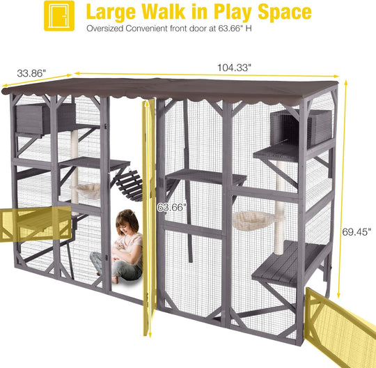MEDEHOO Catio Outdoor Cat Enclosure Window Large Cat Patio 3 Tiers with 6 Platforms and 2 Scratching Posts for Cats House 104" L