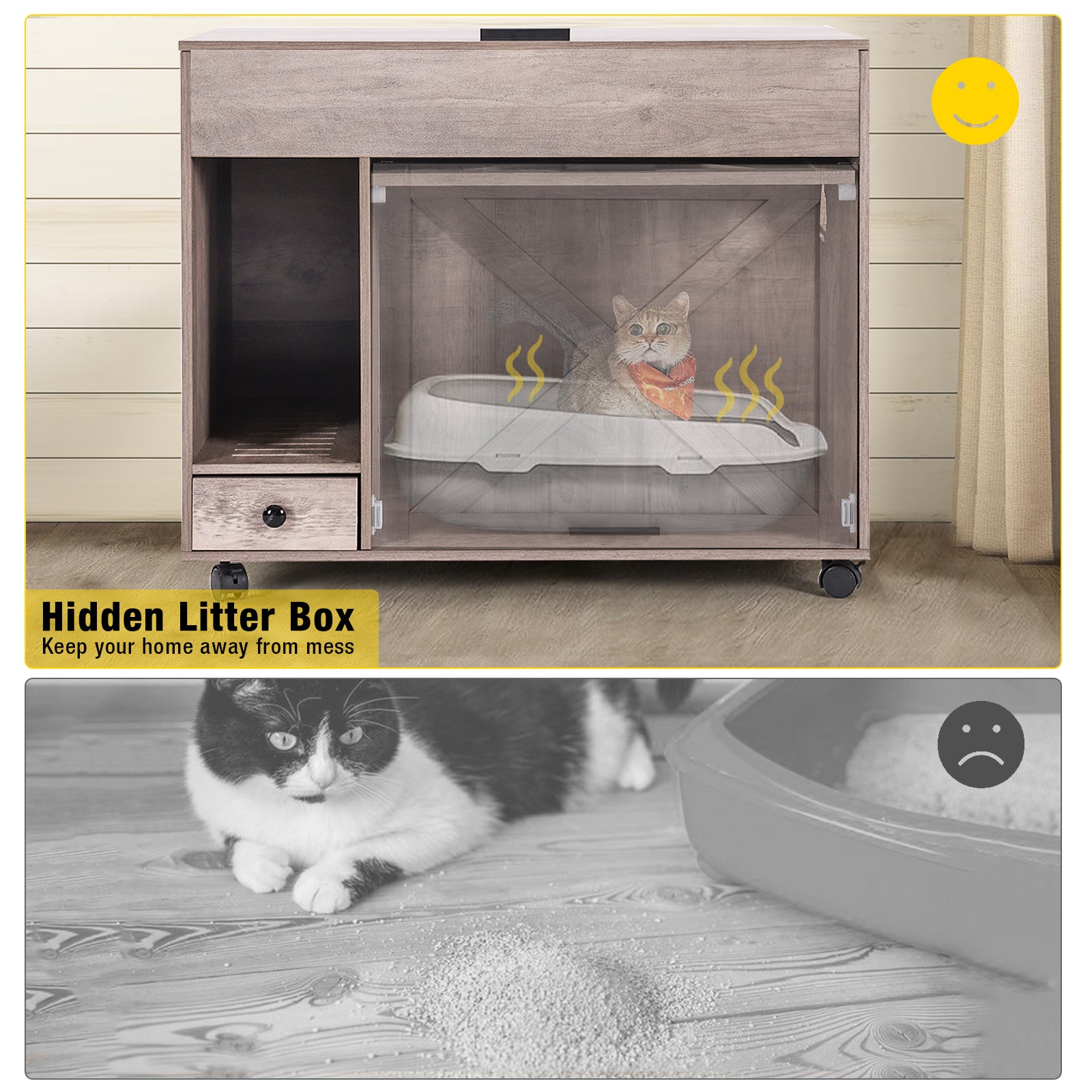 Wooden Cat Litter Box Enclosure, Side Table with Folding Door
