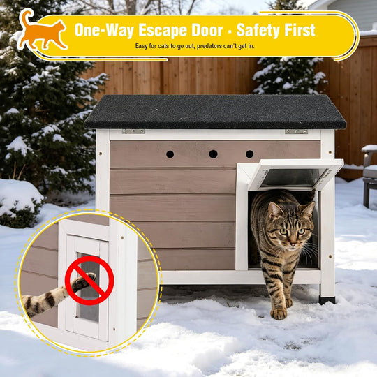 MEDEHOO Insulated Outdoor Cat House for Winter Feral Cat, Weatherproof Wood Shelter for Cats Bunnies Other Small Animals