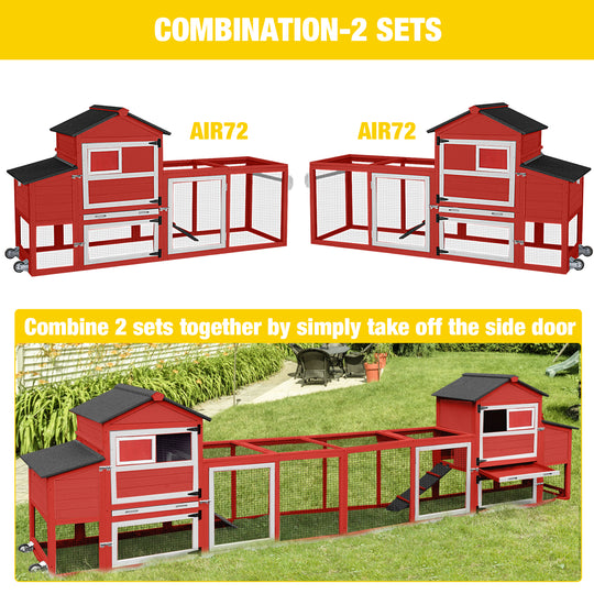 MORGETE Mobile Chicken Coop with Wheels, Wood Hen House for 2-3 Chickens Outdoor with Nesting Box Leakproof Pull-Out Tray and UV-Resistant Roof Panel, Red