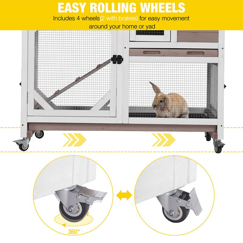 Aivituvin-AIR7013 Premium 2-Story Wooden Rabbit Hutch with Casters | Pull-Out Tray