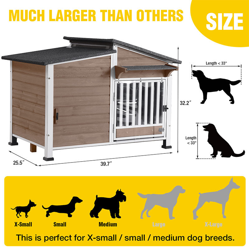 Wooden Dog House with Metal Frame, Asphalt Roof & PVC Door Flap