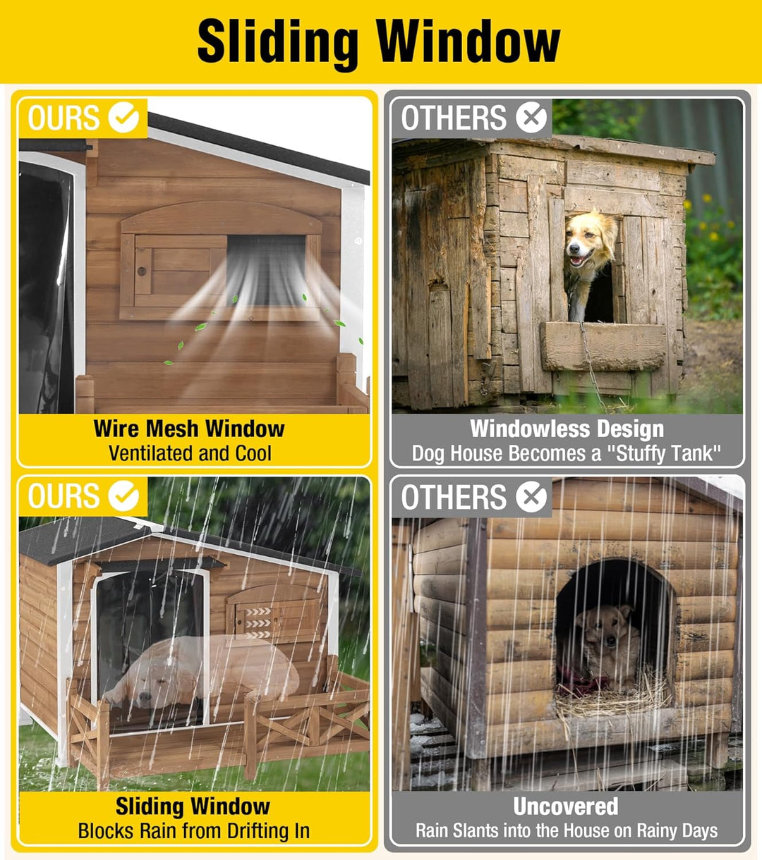 MEDEHOO AIR7024 Dog House Outdoor with Anti-Chewing Metal Frame, Wooden Dog Kennel with Sliding Window, Detachable Floor, Weatherproof Roof