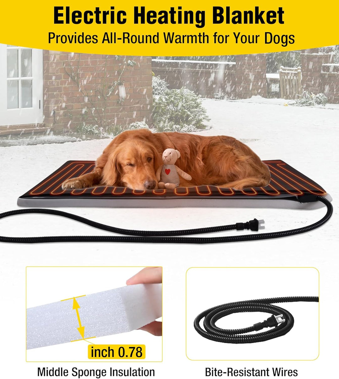 MEDEHOO AIR7024-IN-HP Heated Dog House Outdoor Dog Kennel with Safe Heated Pad, Chew-Proof Metal Frame and Rotating Food Bowl for Small to Medium Dogs, 44.6" L x 41.1" W x 32.9“H