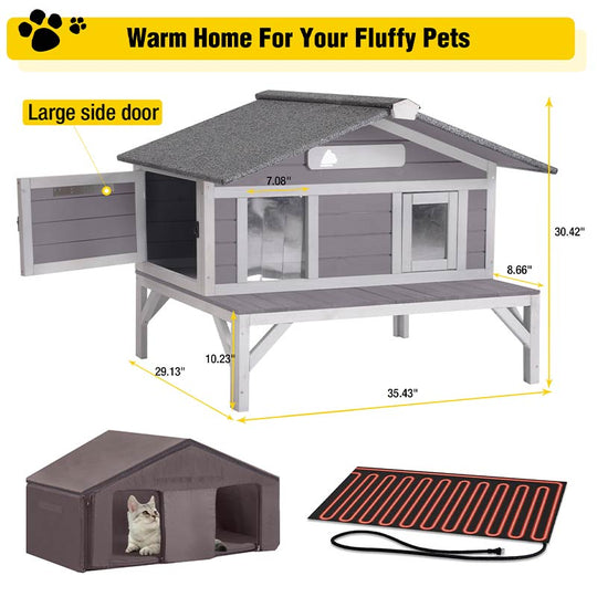 Aivituvin-AIR92-M-IN-HP Wooden Heated Cat House with Insulation | Heating Pad
