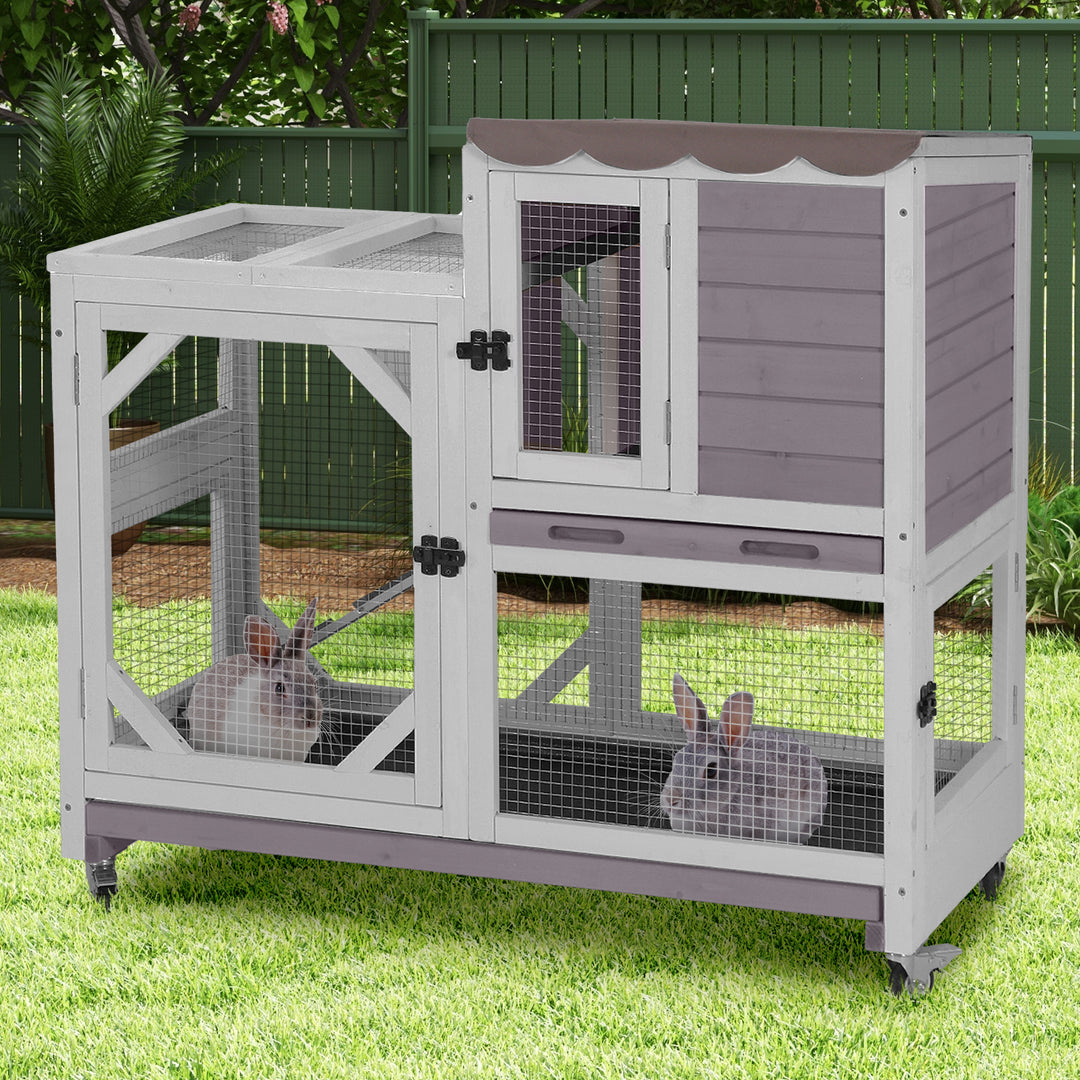 MORGETE Rabbit Cage Indoor Outdoor Bunny Hutch on Wheels, 2 Story Wood Guinea Pig Cages with 2 Deeper Pull Out Trays