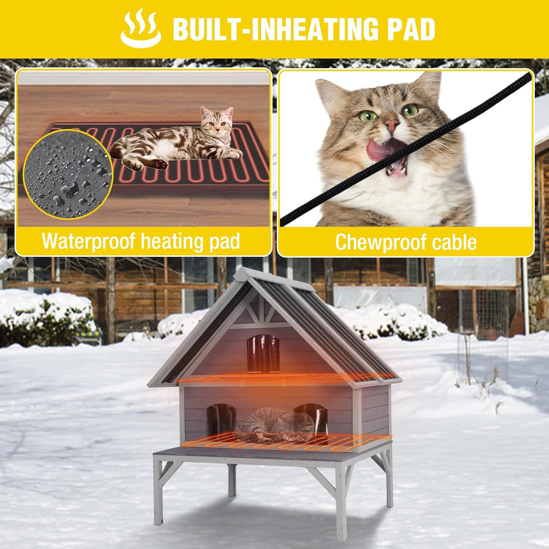MEDEHOO AIR7034-HP-WM Heated Cat House Outdoor Cat House Insulated 2-Story Weatherproof Feral Cat Shelter with Heated Pad, Insulated All-Round Thermal Liner, Chewproof Cable for 1-4 Cats