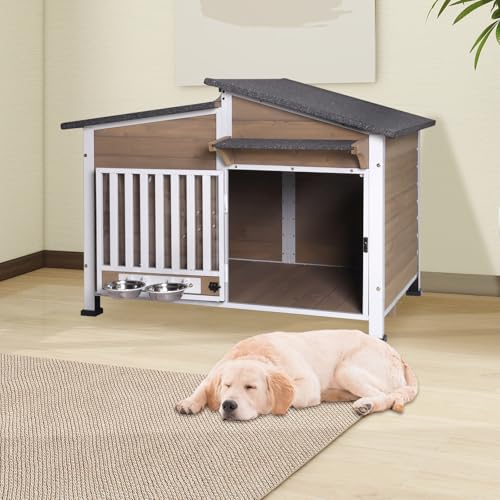 Morgete AIR7021 Dog House with Anti-Chewing Metal Frame Design Wooden Dog Kennel with Unique Design Roof, Weatherproof Dog House for Indoor & Outdoor Use