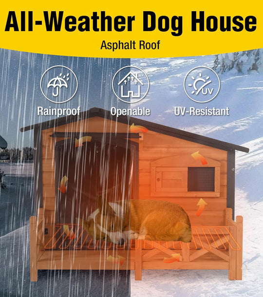 MEDEHOO AIR7024-IN-HP Heated Dog House Outdoor Dog Kennel with Safe Heated Pad, Chew-Proof Metal Frame and Rotating Food Bowl for Small to Medium Dogs, 44.6" L x 41.1" W x 32.9“H