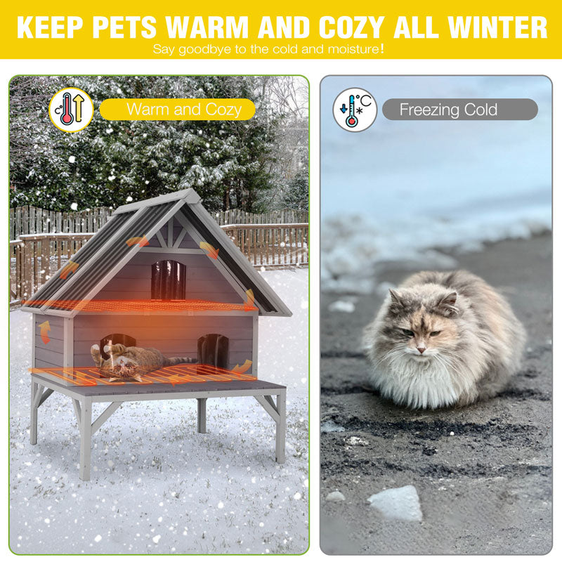 Luxury Heated Wooden Cat House – Insulated, Elevated 2-Level
