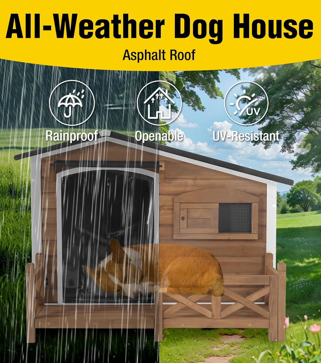 MEDEHOO AIR7024 Dog House Outdoor with Anti-Chewing Metal Frame, Wooden Dog Kennel with Sliding Window, Detachable Floor, Weatherproof Roof