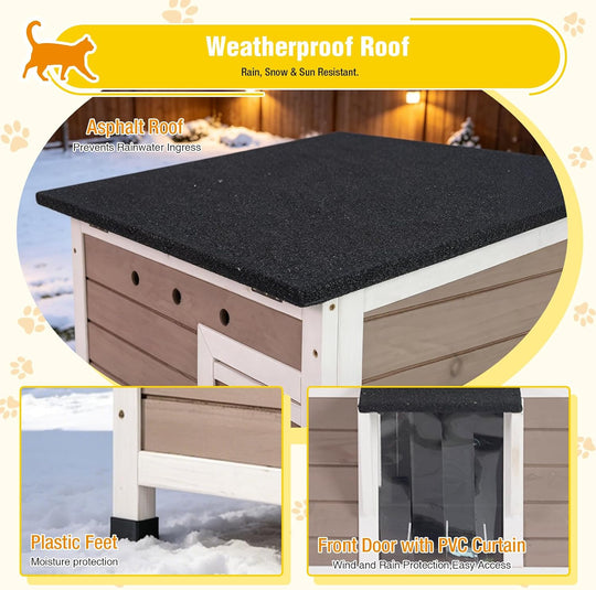 MEDEHOO Insulated Outdoor Cat House for Winter Feral Cat, Weatherproof Wood Shelter for Cats Bunnies Other Small Animals