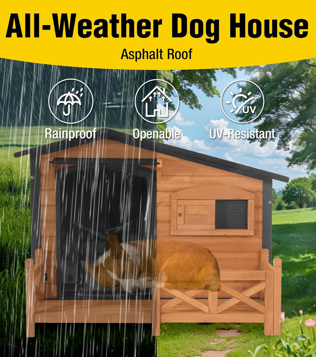 MEDEHOO AIR7024 Dog House Outdoor with Anti-Chewing Metal Frame, Wooden Dog Kennel with Sliding Window, Detachable Floor, Weatherproof Roof
