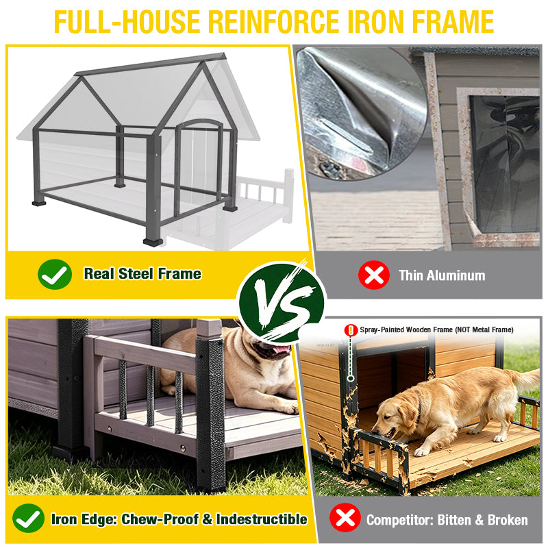 Aivituvin Outdoor Dog House AIR80/81/87, 32.9"L/37.4"L, Porch Design, Iron Frame