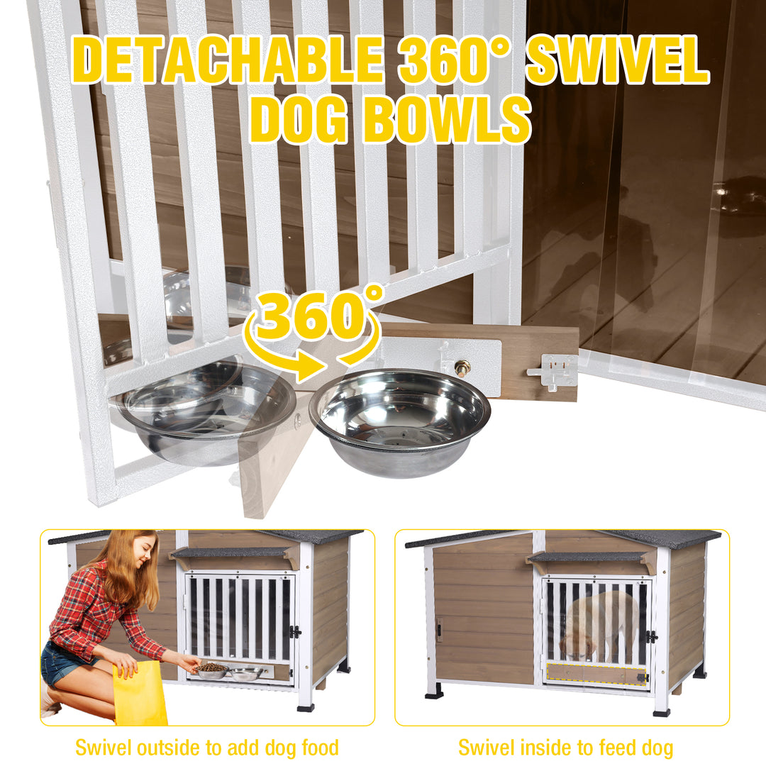 MEDEHOO AIR7021-HP Heated Dog House with Heating Pad & Anti-Chewing Metal Frame, Insulated Wooden Dog Kennel with Unique Design Roof, Weatherproof Dog House for Indoor & Outdoor Use