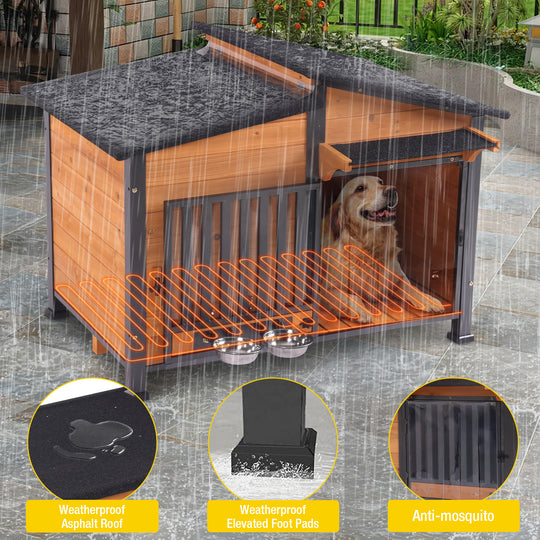 MEDEHOO AIR7021-HP Heated Dog House with Heating Pad & Anti-Chewing Metal Frame, Insulated Wooden Dog Kennel with Unique Design Roof, Weatherproof Dog House for Indoor & Outdoor Use